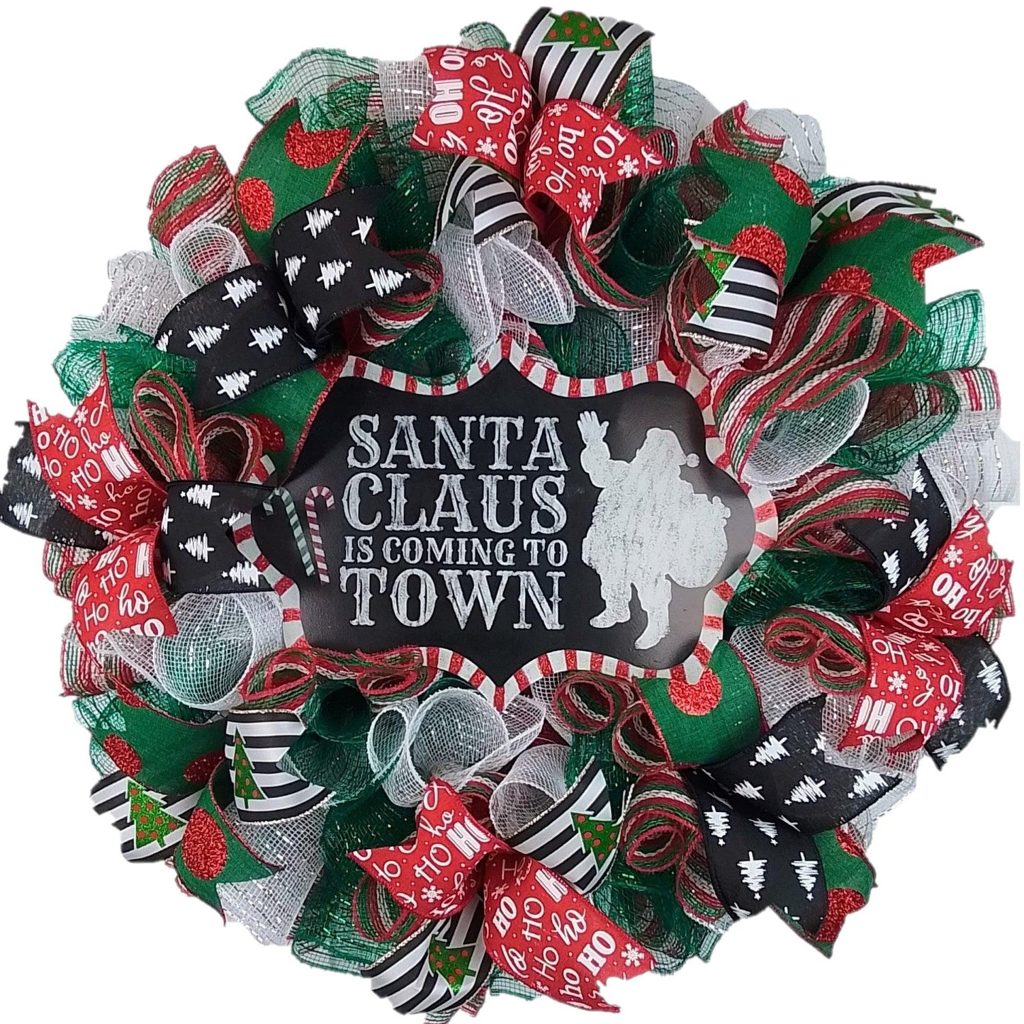 Santa Claus Wreath - Santa Claus is Coming to Town Christmas Mesh Front Door Wreath - Red Black White Green Ho Ho Ho - Pink Door Wreaths