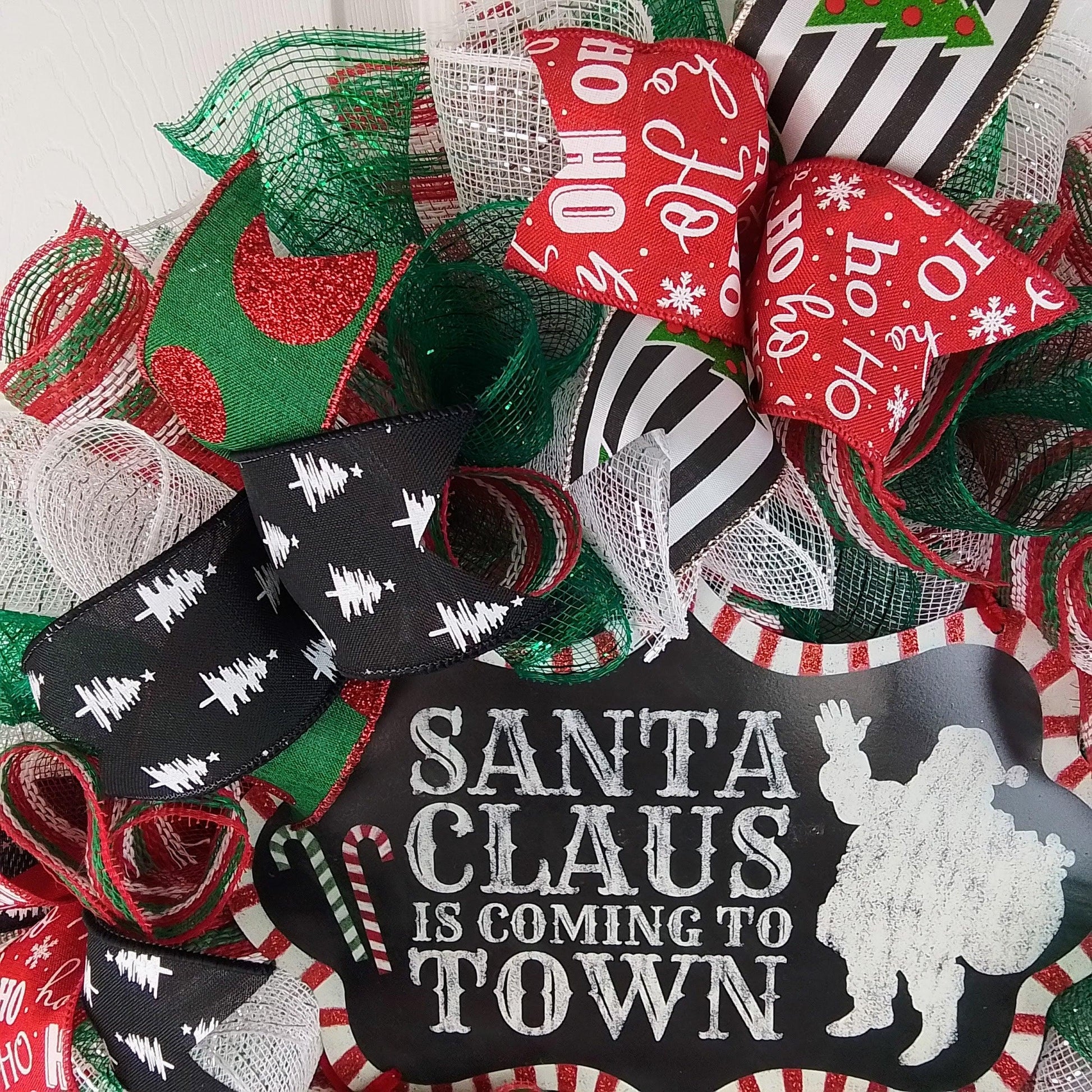 Santa Claus Wreath - Santa Claus is Coming to Town Christmas Mesh Front Door Wreath - Red Black White Green Ho Ho Ho - Pink Door Wreaths