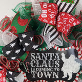 Santa Claus Wreath - Santa Claus is Coming to Town Christmas Mesh Front Door Wreath - Red Black White Green Ho Ho Ho - Pink Door Wreaths