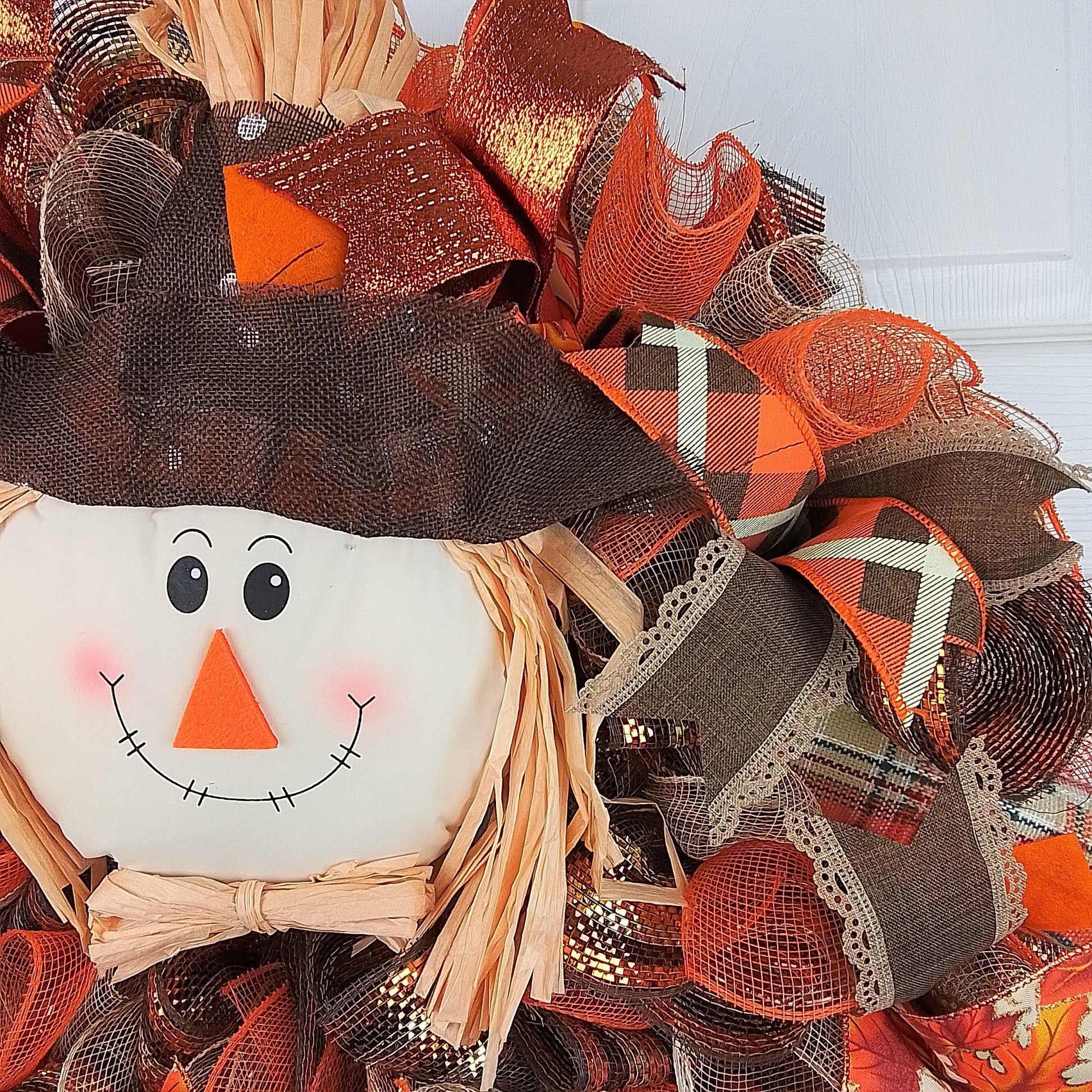 Scarecrow Wreath | Thanksgiving Deco Mesh Fall Front Door Wreath; Burlap Orange Brown Plaid - Pink Door Wreaths