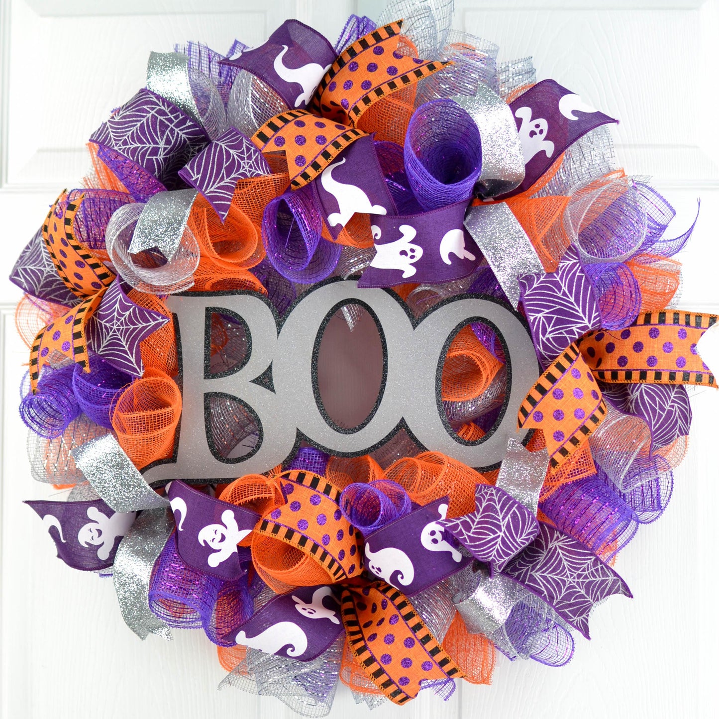 Silver Boo Halloween Door Wreaths | Orange Black Purple Mesh Wreath - Pink Door Wreaths