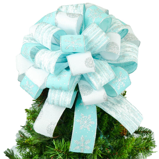 Silver White Ice Blue Bow Christmas Tree Topper - Fluffy Gift Present Bow - Pink Door Wreaths