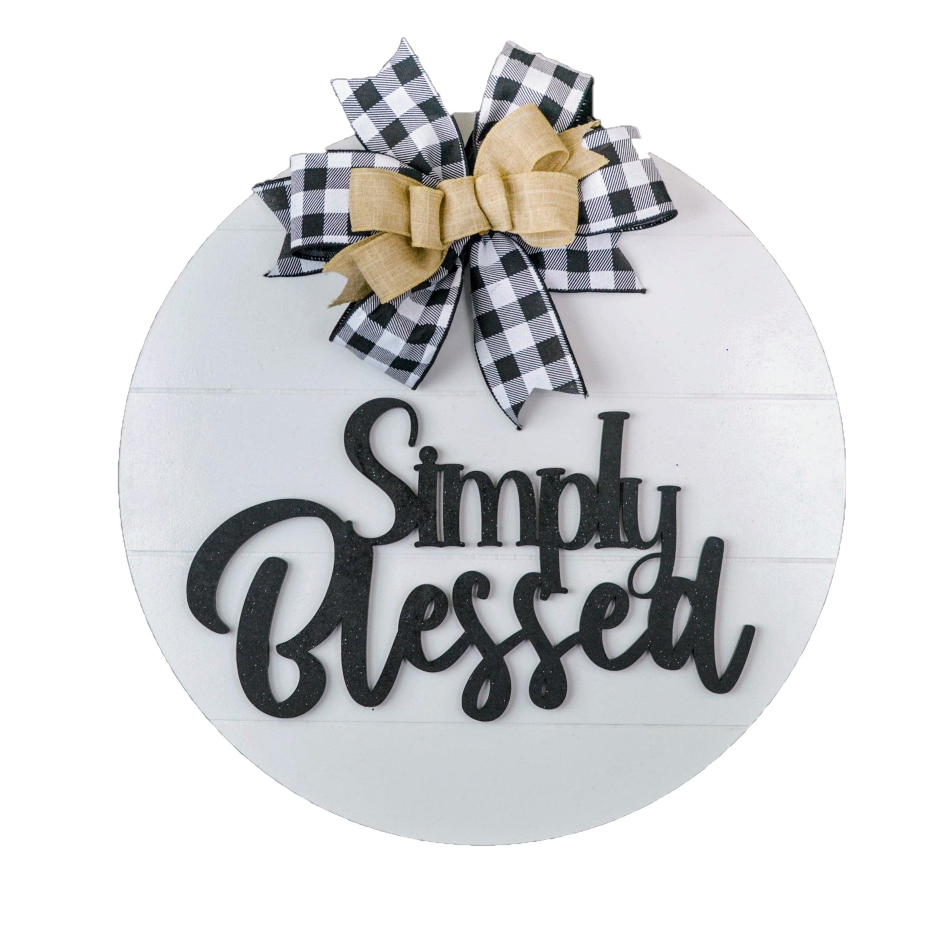 Simply Blessed Door Hanger - Farmhouse Shiplap Round Front Porch Decor - Buffalo Plaid White Black - Pink Door Wreaths