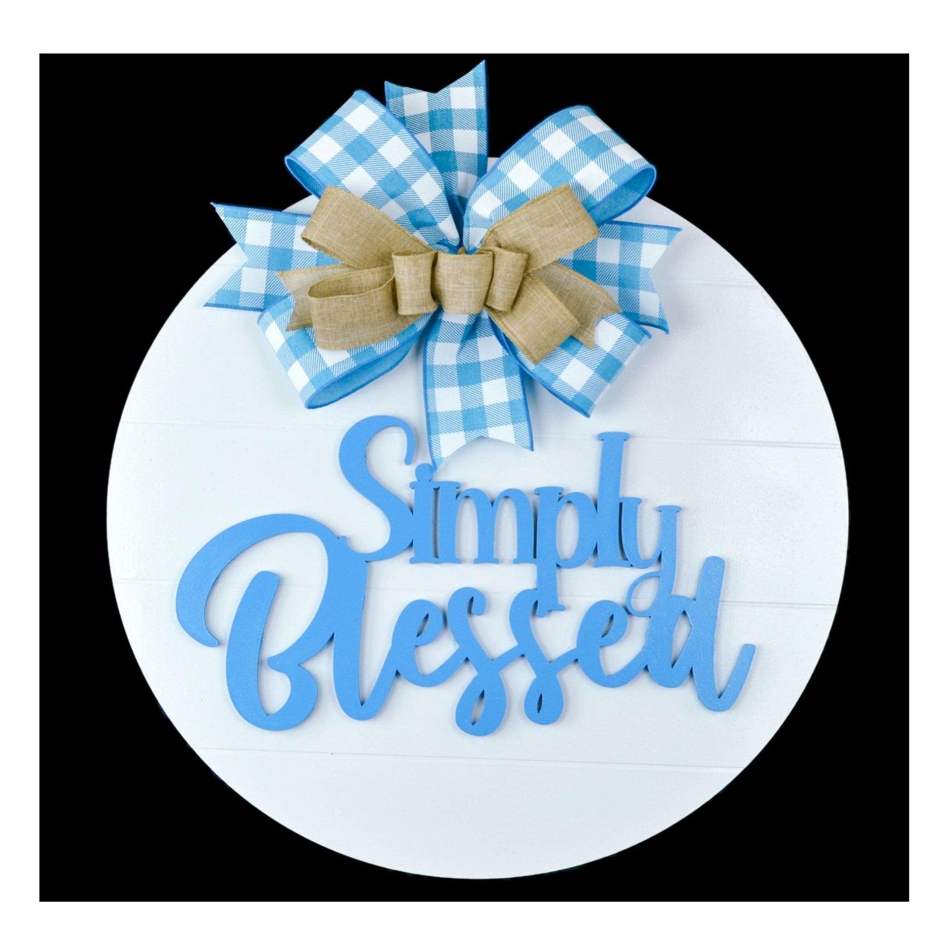 Simply Blessed Door Hanger - Farmhouse Shiplap Round Front Porch Decor - Buffalo Plaid White Black - Pink Door Wreaths