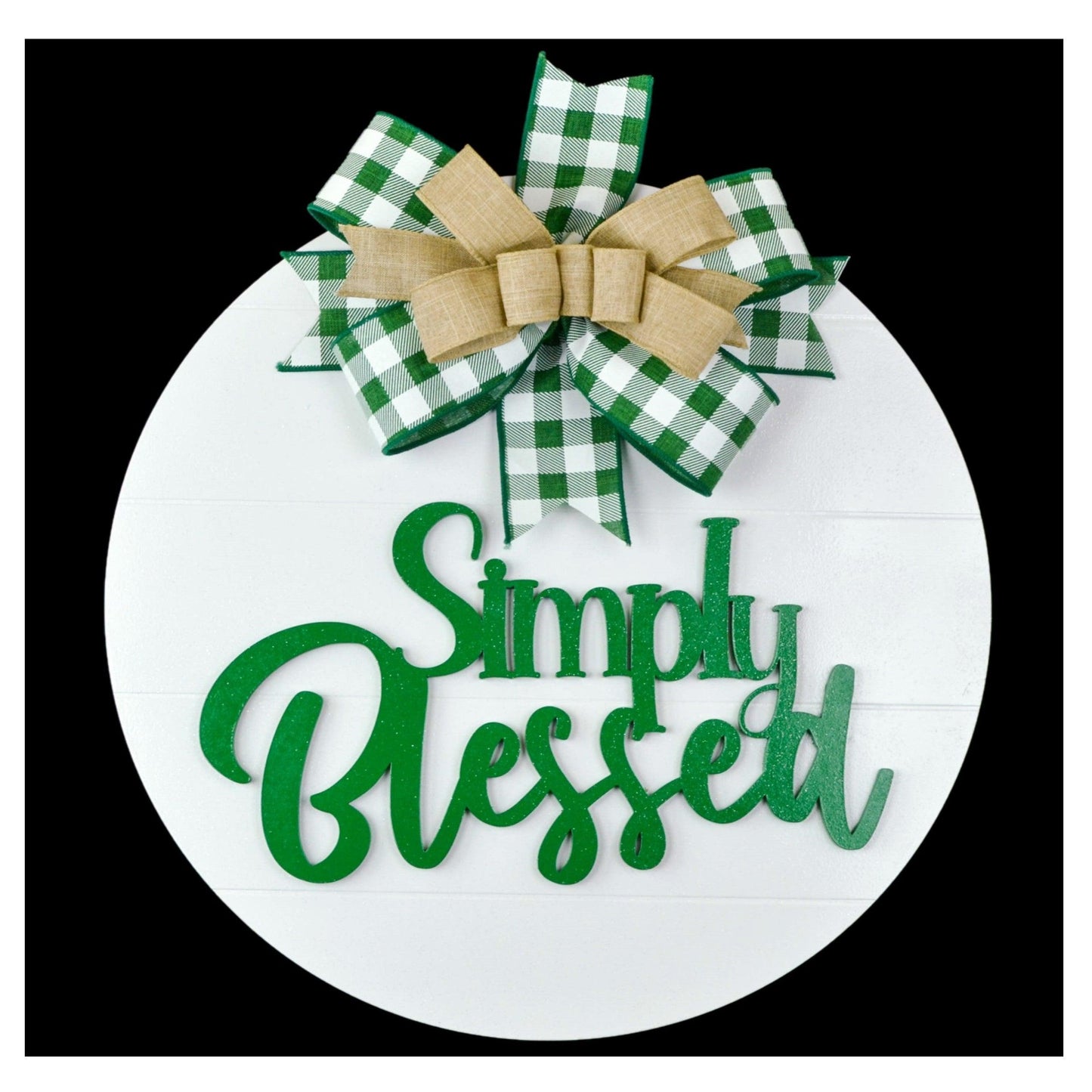 Simply Blessed Door Hanger - Farmhouse Shiplap Round Front Porch Decor - Buffalo Plaid White Black - Pink Door Wreaths