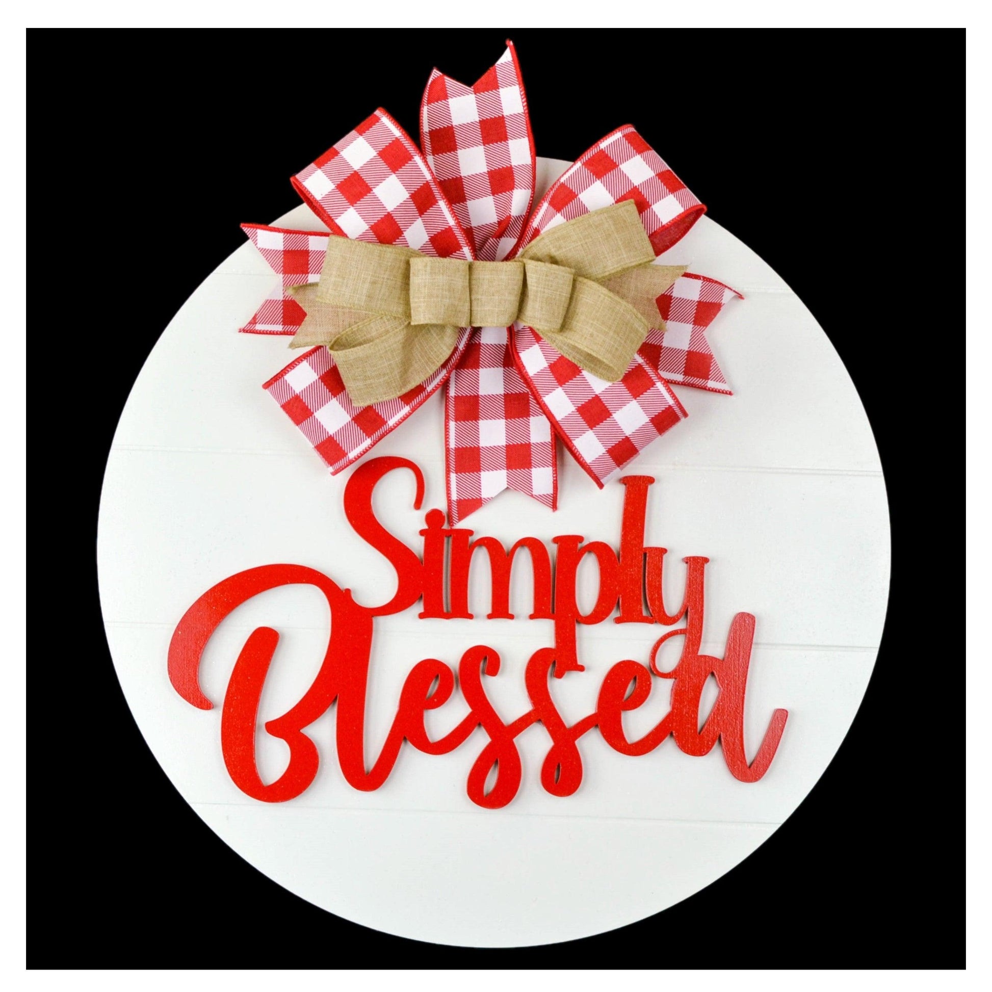 Simply Blessed Door Hanger - Farmhouse Shiplap Round Front Porch Decor - Buffalo Plaid White Black - Pink Door Wreaths