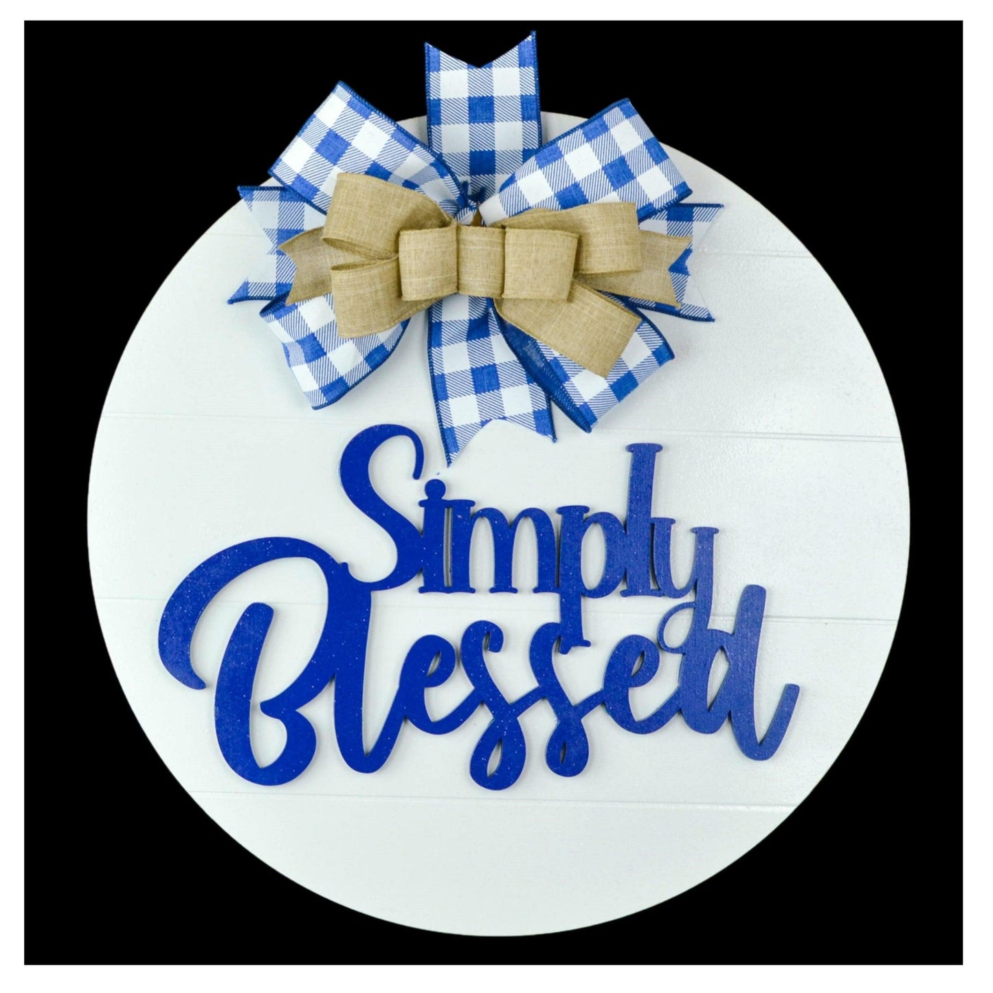 Simply Blessed Door Hanger - Farmhouse Shiplap Round Front Porch Decor - Buffalo Plaid White Black - Pink Door Wreaths