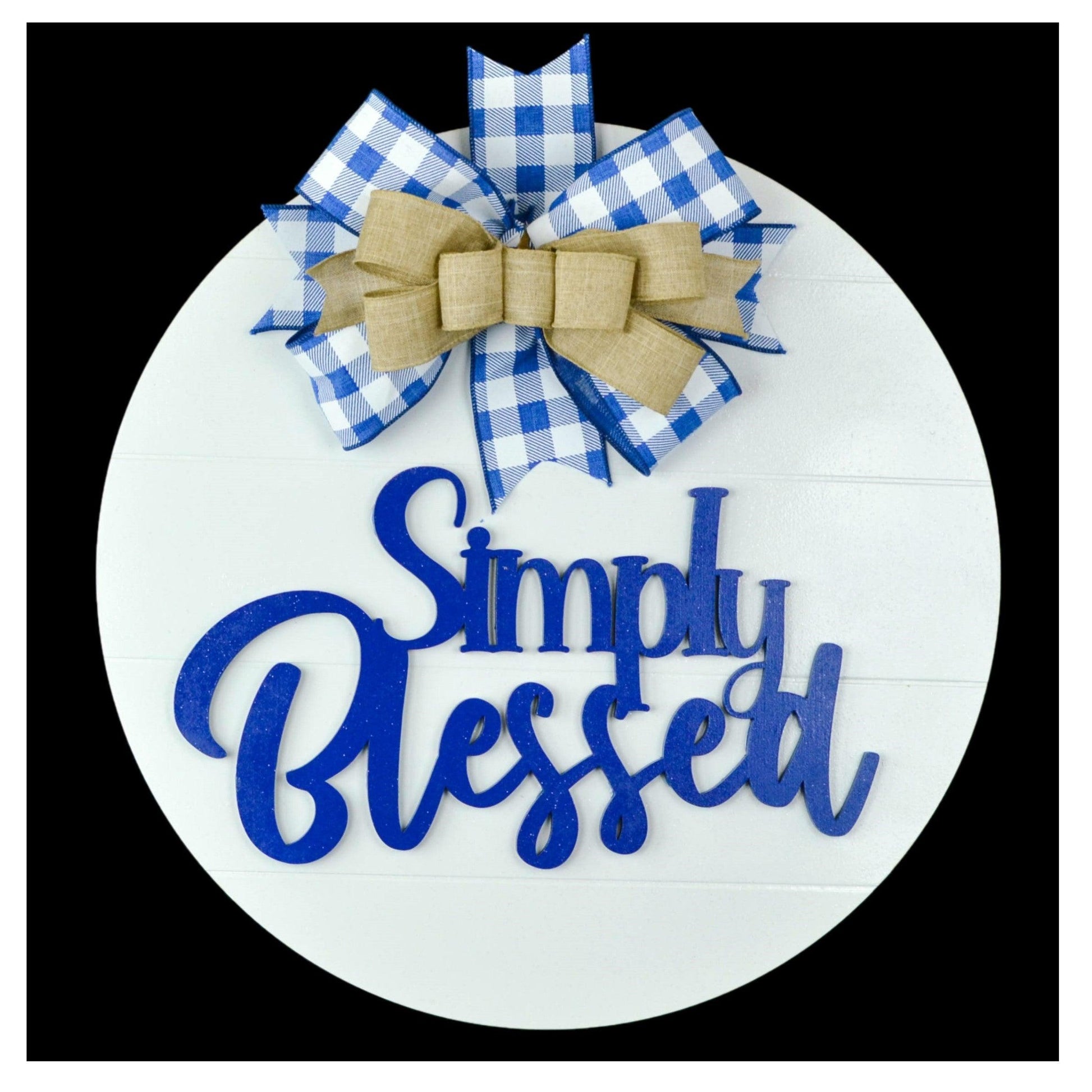 Simply Blessed Door Hanger - Farmhouse Shiplap Round Front Porch Decor - Buffalo Plaid White Black - Pink Door Wreaths