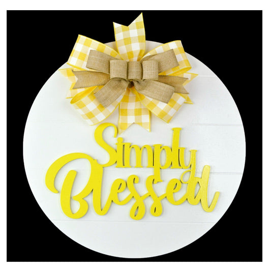 Simply Blessed Door Hanger - Farmhouse Shiplap Round Front Porch Decor - Buffalo Plaid White Black - Pink Door Wreaths