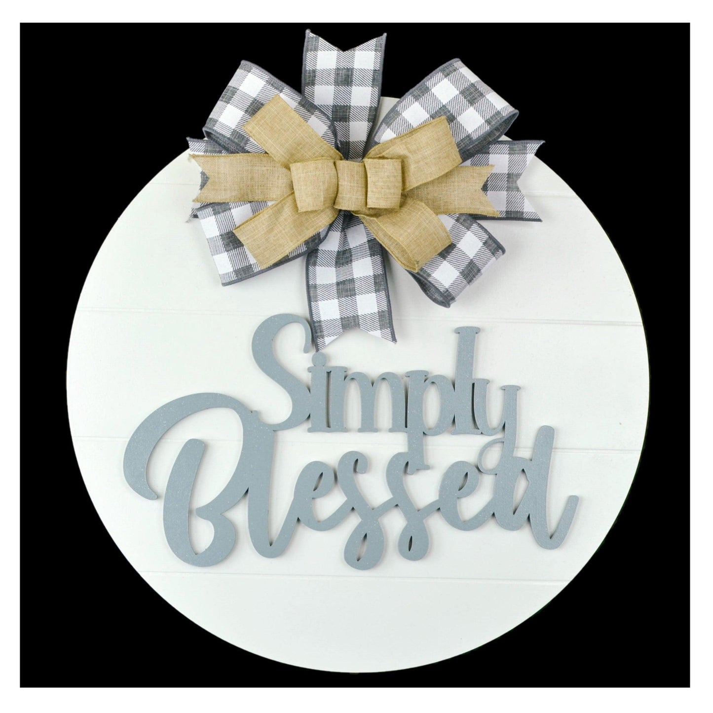 Simply Blessed Door Hanger - Farmhouse Shiplap Round Front Porch Decor - Buffalo Plaid White Black - Pink Door Wreaths