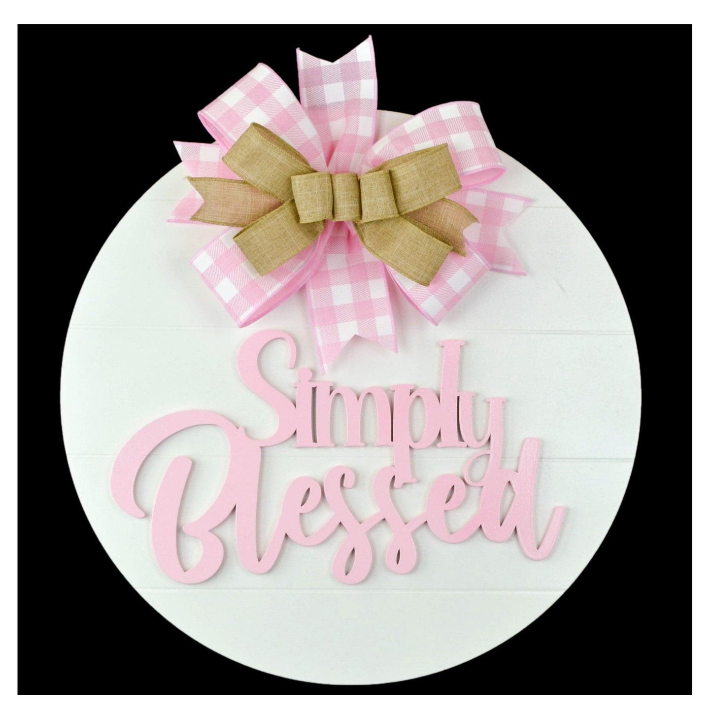 Simply Blessed Door Hanger - Farmhouse Shiplap Round Front Porch Decor - Buffalo Plaid White Black - Pink Door Wreaths