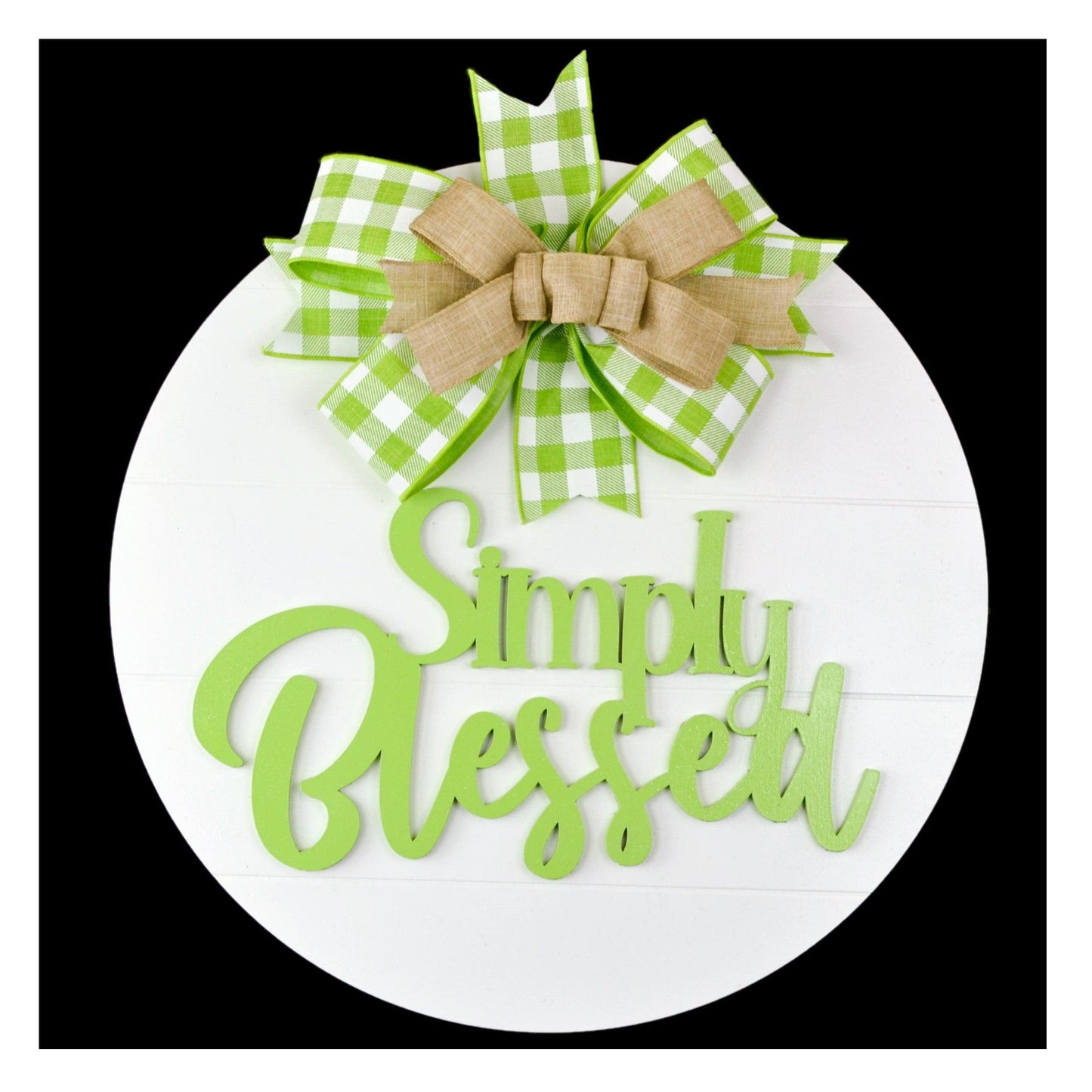 Simply Blessed Door Hanger - Farmhouse Shiplap Round Front Porch Decor - Buffalo Plaid White Black - Pink Door Wreaths