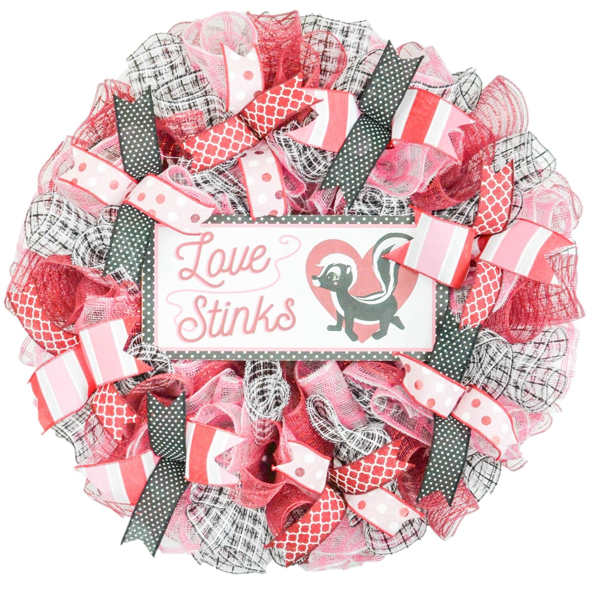 Snunk Love Stinks Cute Valentine's Day Mesh Door Wreath - Red White Maroon - Pink Door Wreaths