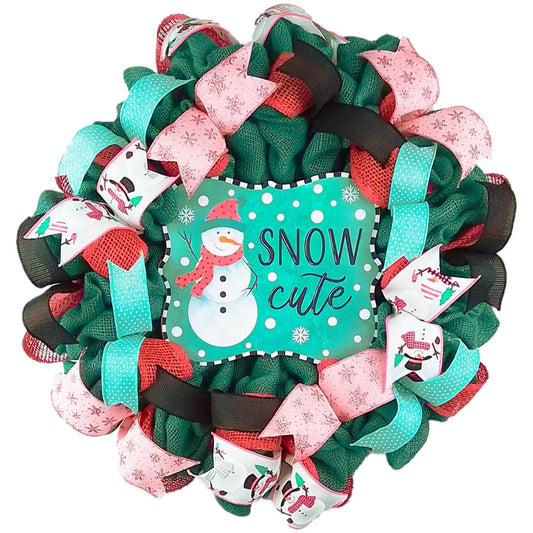 Snow Cute Snowman Wreaths - Turquoise Pink Snowflake Cold Front Door Wreath - Outdoor Christmas Decor - Winter Decor - Pink Door Wreaths
