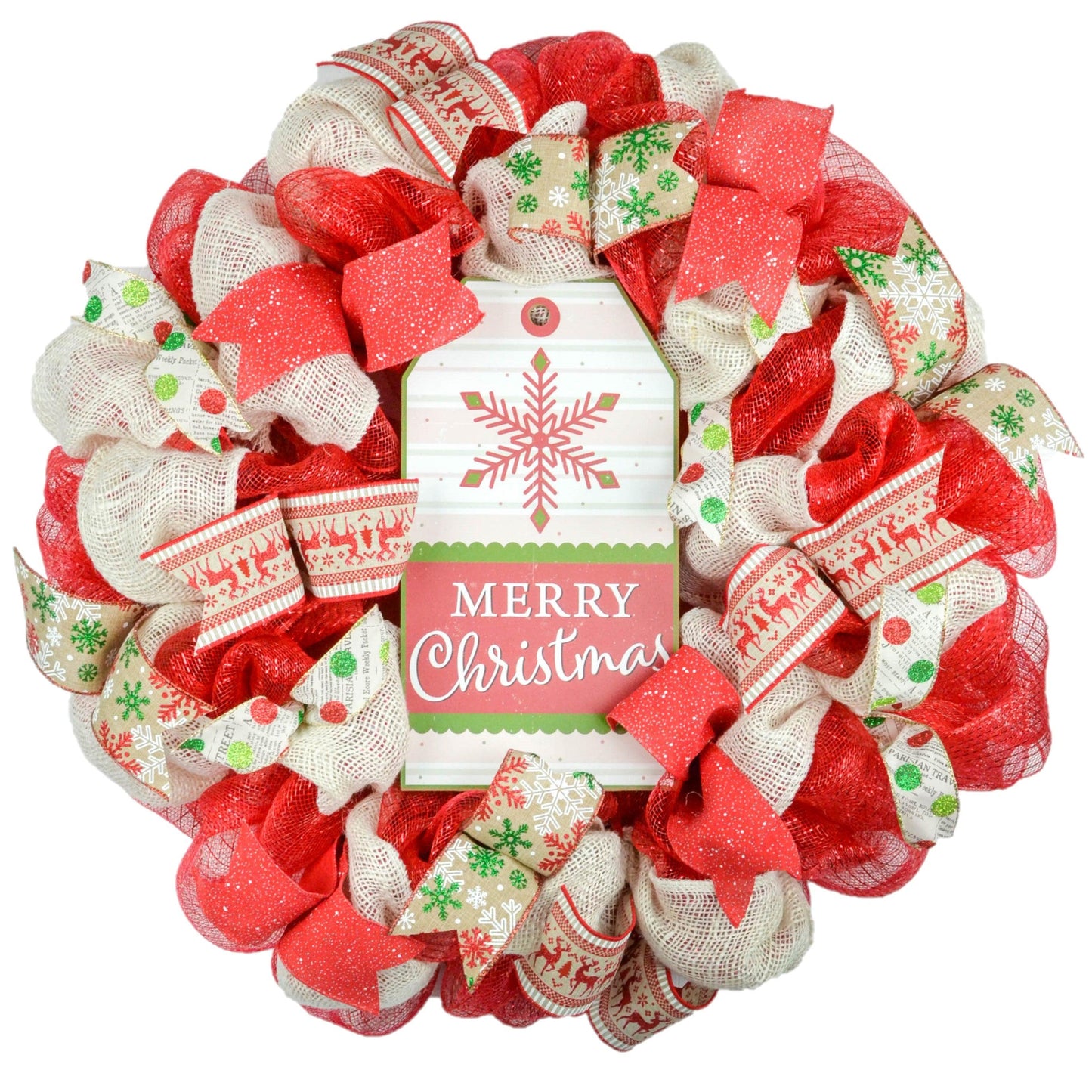 Snowflake Merry Christmas Front Door Wreath - Rustic Jute Door Decoration - Red Green Burlap Beige Ivory - Pink Door Wreaths