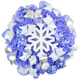 Snowflake Winter Mesh Door Wreath | Blue White Silver - Pink Door Wreaths