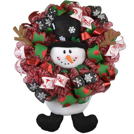 Snowman Christmas Mesh Door Wreath | White Red Emerald Green Black - Pink Door Wreaths