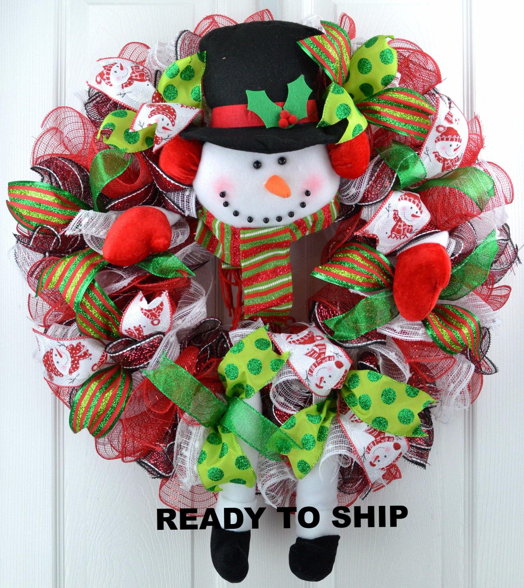 Snowman Head and Feet Mesh Front Door Wreath | Red Black Lime Green White - Pink Door Wreaths