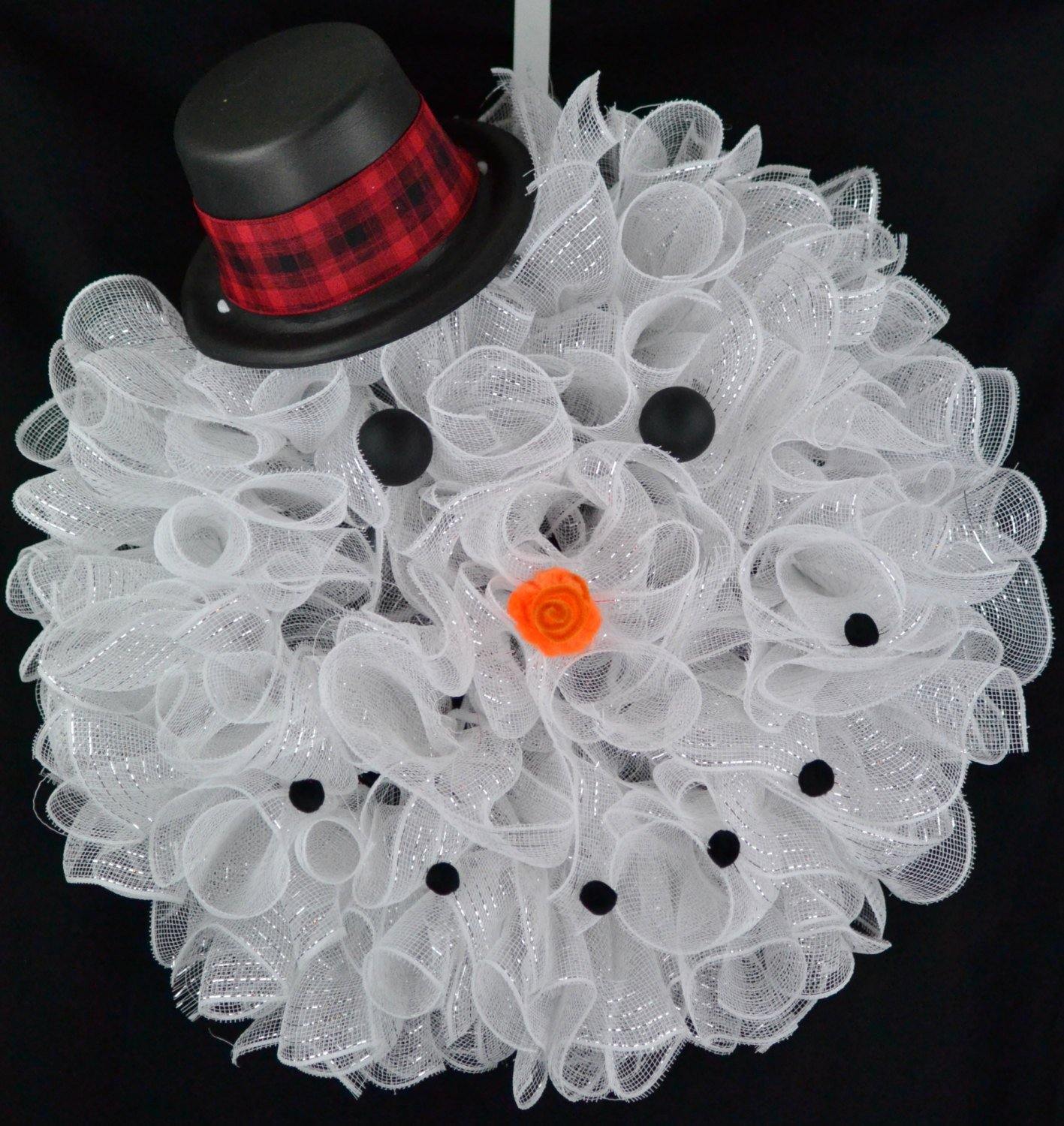 Snowman Top Hat Winter Mesh Front Door Wreath | White Black - Pink Door Wreaths