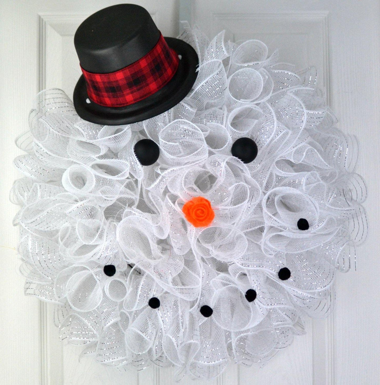 Snowman Top Hat Winter Mesh Front Door Wreath | White Black - Pink Door Wreaths
