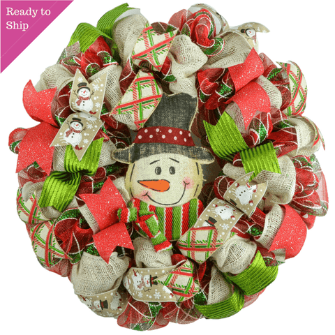 Snowman Wreaths for Front Door - Christmas Mesh Wreath - Vintage White Red Black Lime Green - Pink Door Wreaths