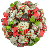 Snowman Wreaths for Front Door - Christmas Mesh Wreath - Vintage White Red Black Lime Green - Pink Door Wreaths