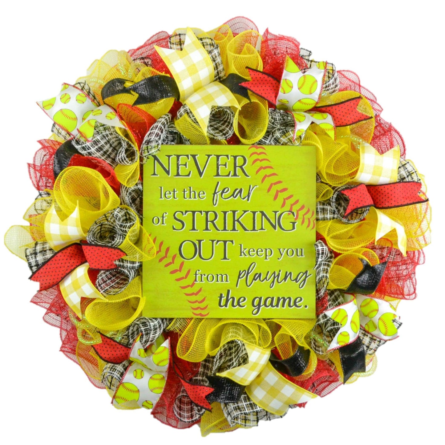 Softball Soft Ball Mesh Door Wreath; Red Yellow Black Stitching - Pink Door Wreaths