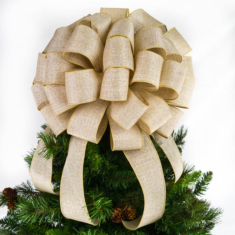 Solid Burlap Christmas Tree Bow Topper | Lantern Bow | Rustic Present Bow - Pink Door Wreaths