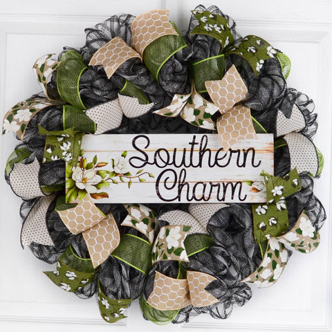 Southern Charm Magnolia Wreath - Black Green Burlap Spring Decor - Wedding Gift - Moss Burlap White - Pink Door Wreaths