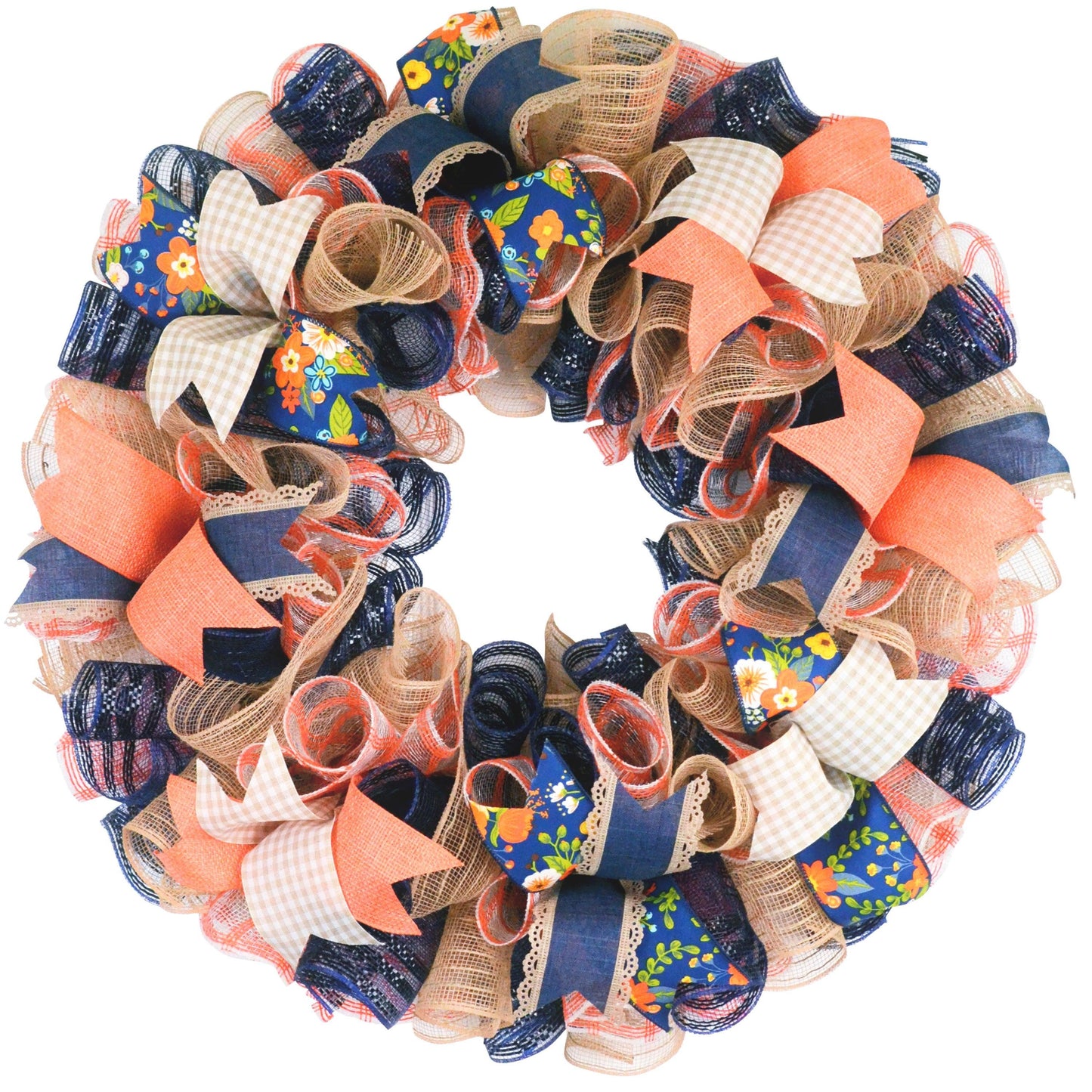 Spring Door Wreath - Moms Birthday Gift - Long Distance Same Day Present - Coral Navy Blue Jute Floral - Pink Door Wreaths