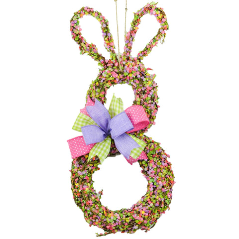 Spring Easter Bunny Grapevine Wreath - Confetti Bunny Door Hanger Oversized Bow Gingham Door Decor; Pink Purple Green - Pink Door Wreaths