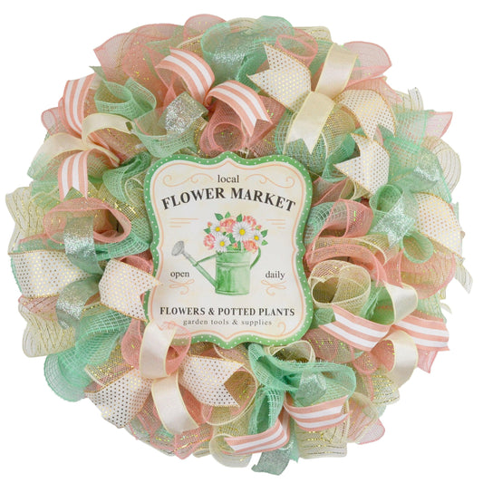 Spring Flower Market Welcome Deco Mesh Door Wreath; Coral Black White - Pink Door Wreaths
