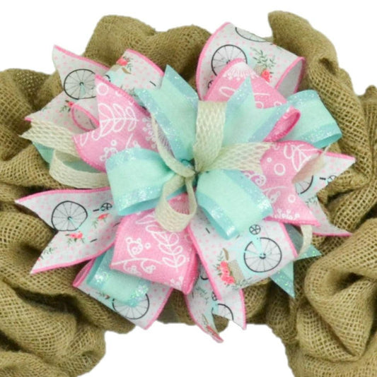 Spring Summer Bright Bike Playful Year Round Lantern Wreath Bow - Burlap Wreath Embellishment for Making Your Own - Layered Full Handmade Farmhouse Already Made - Pink Door Wreaths