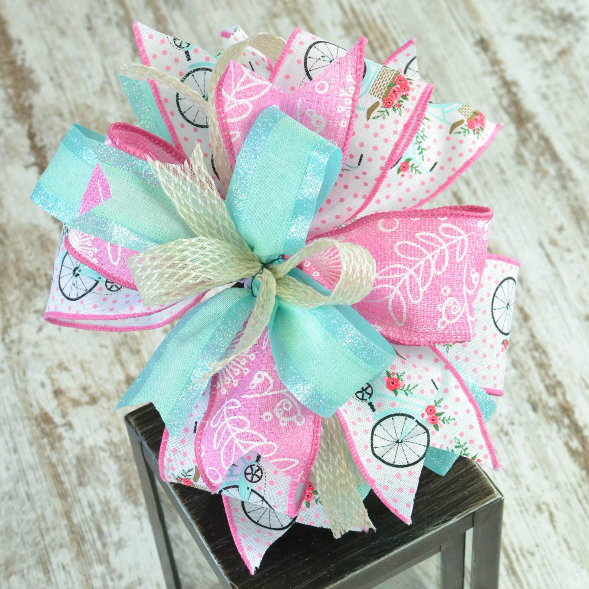 Spring Summer Bright Bike Playful Year Round Lantern Wreath Bow - Burlap Wreath Embellishment for Making Your Own - Layered Full Handmade Farmhouse Already Made - Pink Door Wreaths