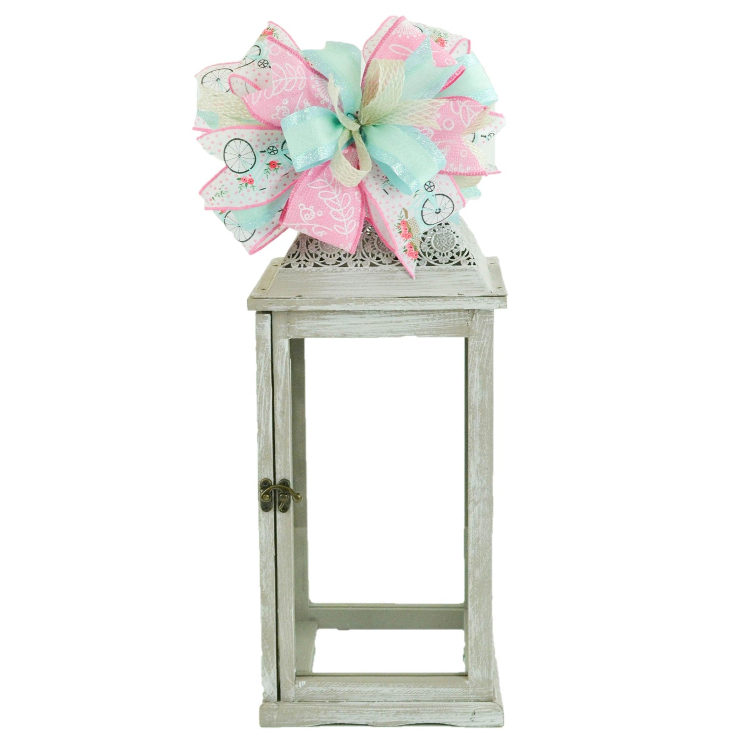 Spring Summer Bright Bike Playful Year Round Lantern Wreath Bow - Burlap Wreath Embellishment for Making Your Own - Layered Full Handmade Farmhouse Already Made - Pink Door Wreaths