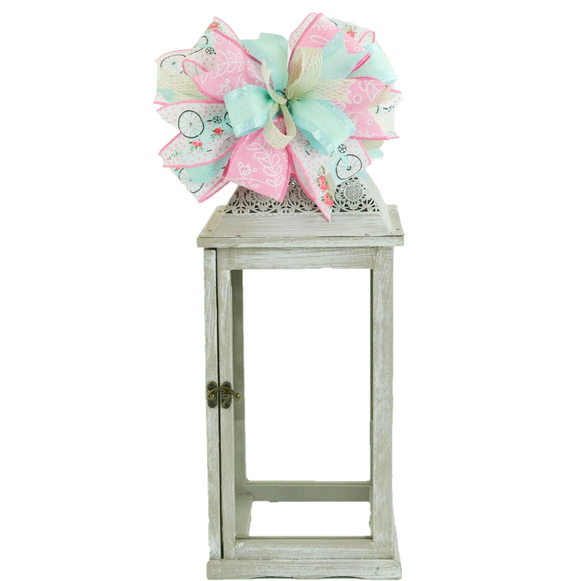 Spring Summer Bright Bike Playful Year Round Lantern Wreath Bow - Burlap Wreath Embellishment for Making Your Own - Layered Full Handmade Farmhouse Already Made - Pink Door Wreaths