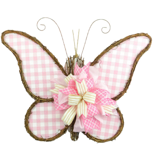 Spring Summer Butterfly Grapevine Wreath - Plaid Door Hanger Oversized Bow Jute Burlap Door Decor; Pink Brown White - Pink Door Wreaths