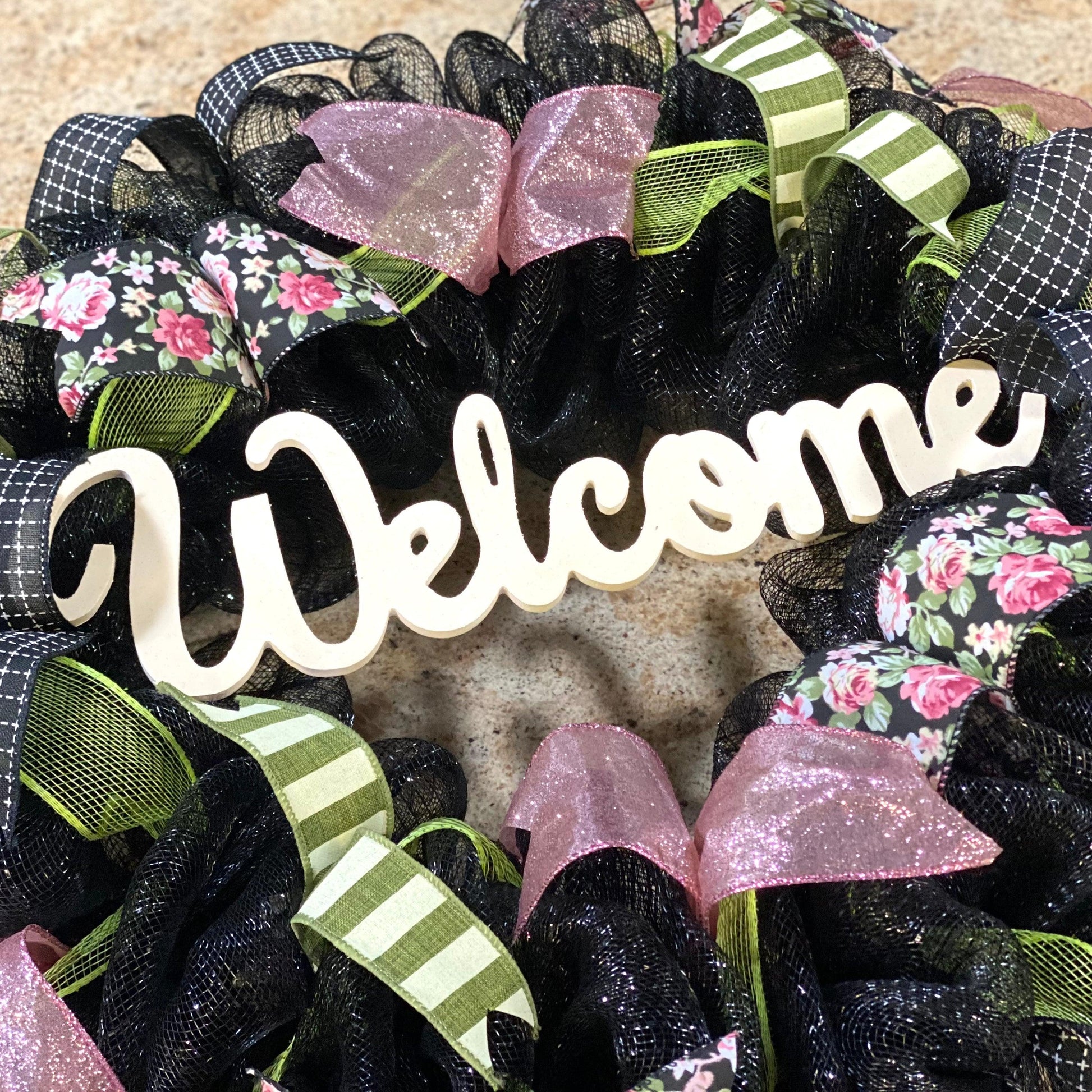 Spring Welcome Wreath | Floral Everyday Door Wreath | Moss Green Pink Ivory Black | Gift for Mom - Pink Door Wreaths