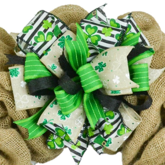 St. Patrick's Day Clover Black White Green Lantern Wreath Bow - Burlap Wreath Embellishment for Making Your Own - Layered Full Handmade Farmhouse Already Made - Pink Door Wreaths