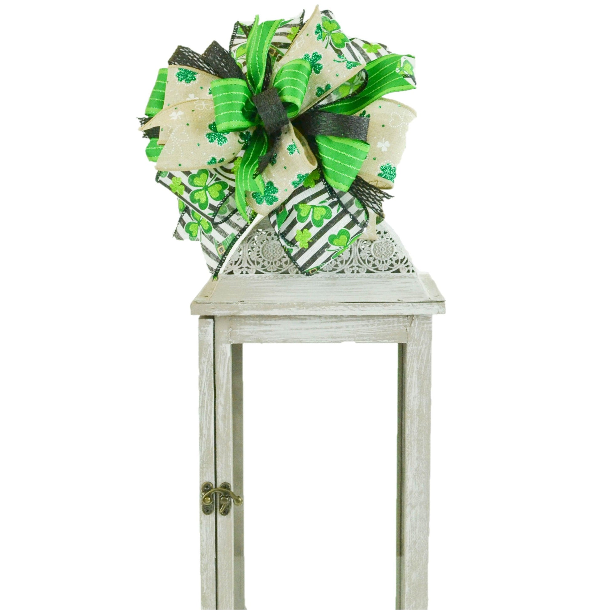 St. Patrick's Day Clover Black White Green Lantern Wreath Bow - Burlap Wreath Embellishment for Making Your Own - Layered Full Handmade Farmhouse Already Made - Pink Door Wreaths