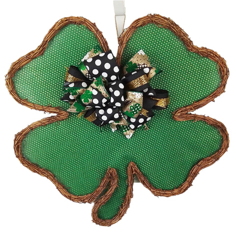 St Patricks Day Clover Wreath - Shamrock Grapevine Wreath - St. Patrick's Day Door Hanger Oversized Bow Polka Dot Burlap Door Decor; Green White Black - Pink Door Wreaths