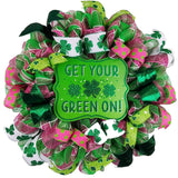 St Patricks Day Wreath - Get Your Green On - Lime Green White Pink Shamrock - Pink Door Wreaths