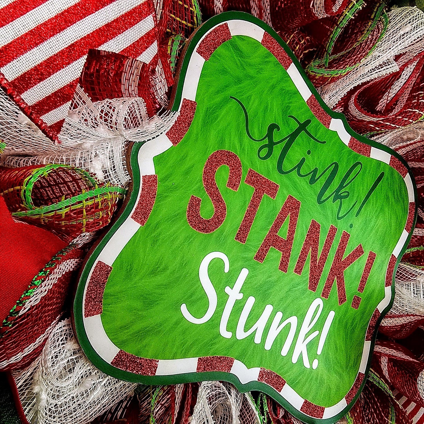 Stink Stank Stunk Christmas Wreath - Xmas Mesh Door Decor - Holiday Decorations - Red White Emerald Lime Green - Pink Door Wreaths