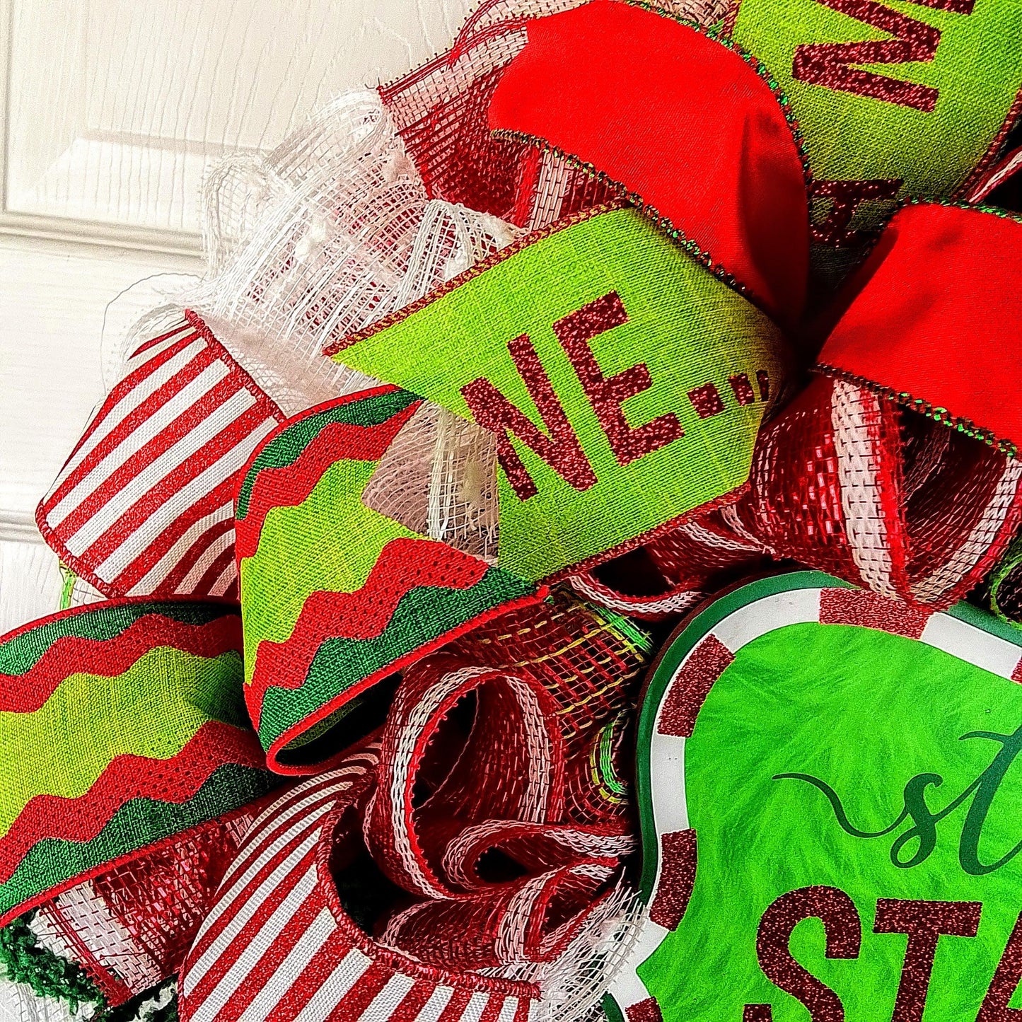 Stink Stank Stunk Christmas Wreath - Xmas Mesh Door Decor - Holiday Decorations - Red White Emerald Lime Green - Pink Door Wreaths