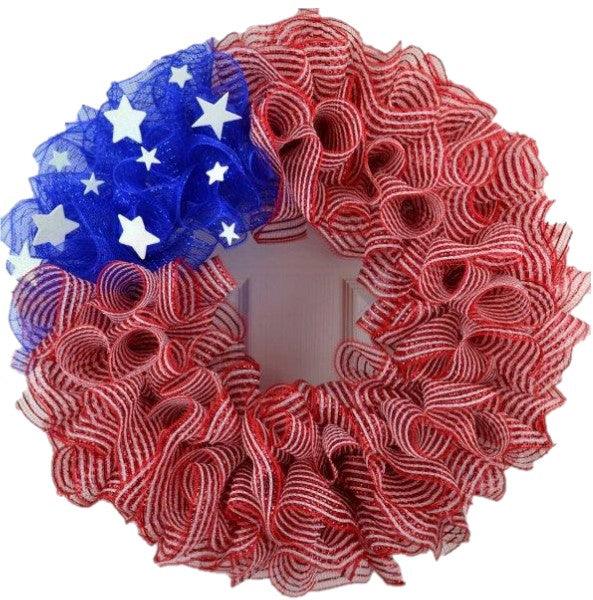 Striped American Flag Wreath | Fourth of July Mesh Front Door Wreath | Red White Blue - Pink Door Wreaths