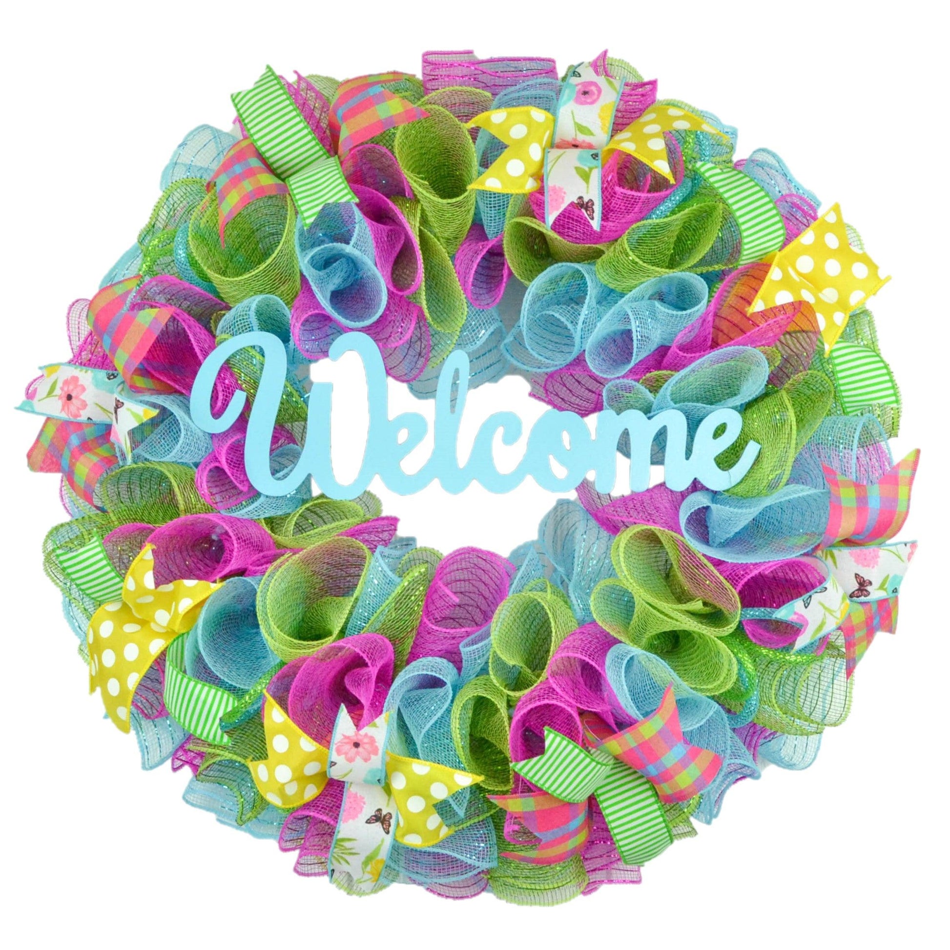 Summer Spring Welcome Door Wreath; Pink, Turquoise, Yellow, Green : P1 - Pink Door Wreaths