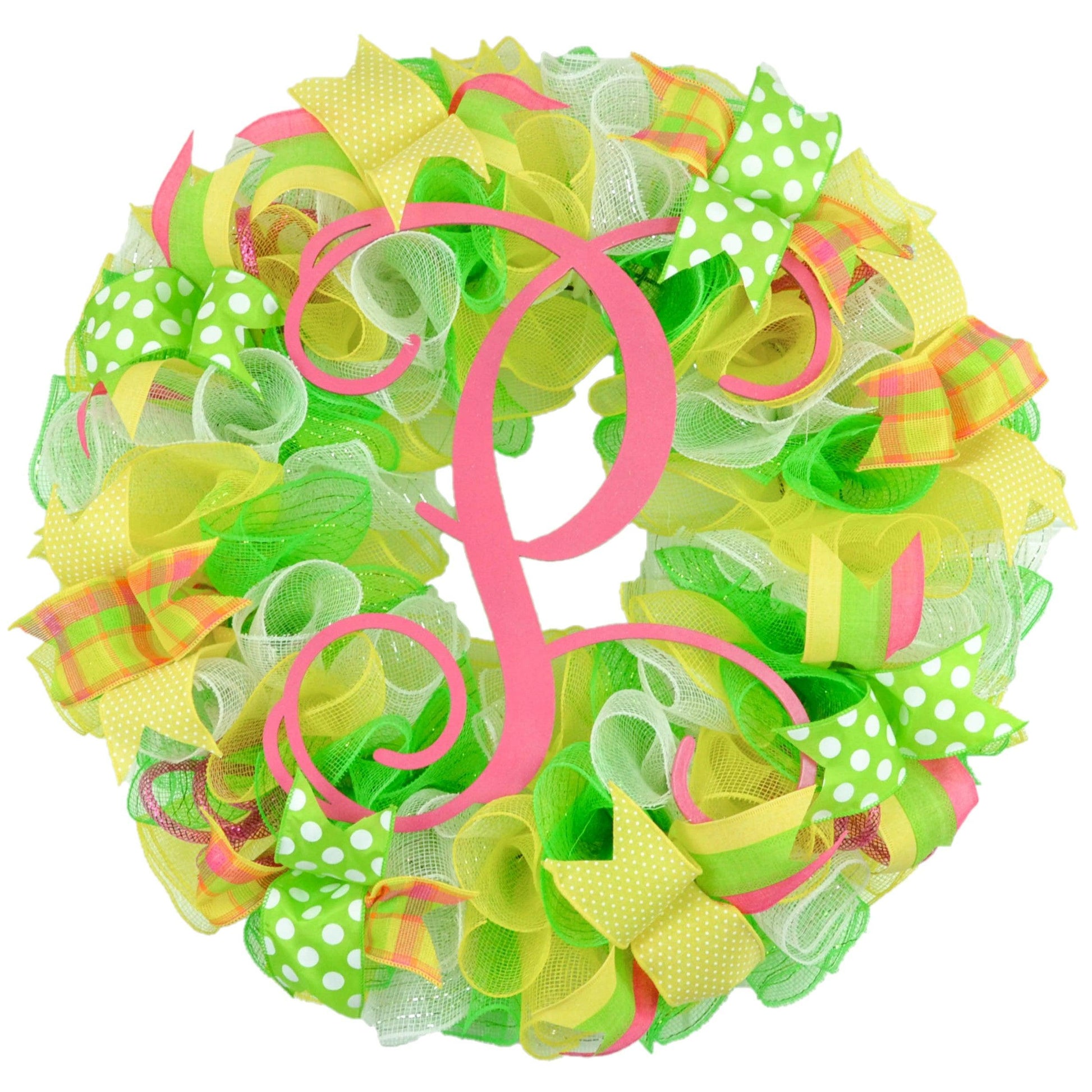 Summer Spring Welcome Mesh Door Wreath; Lime Green Yellow White - Pink Door Wreaths