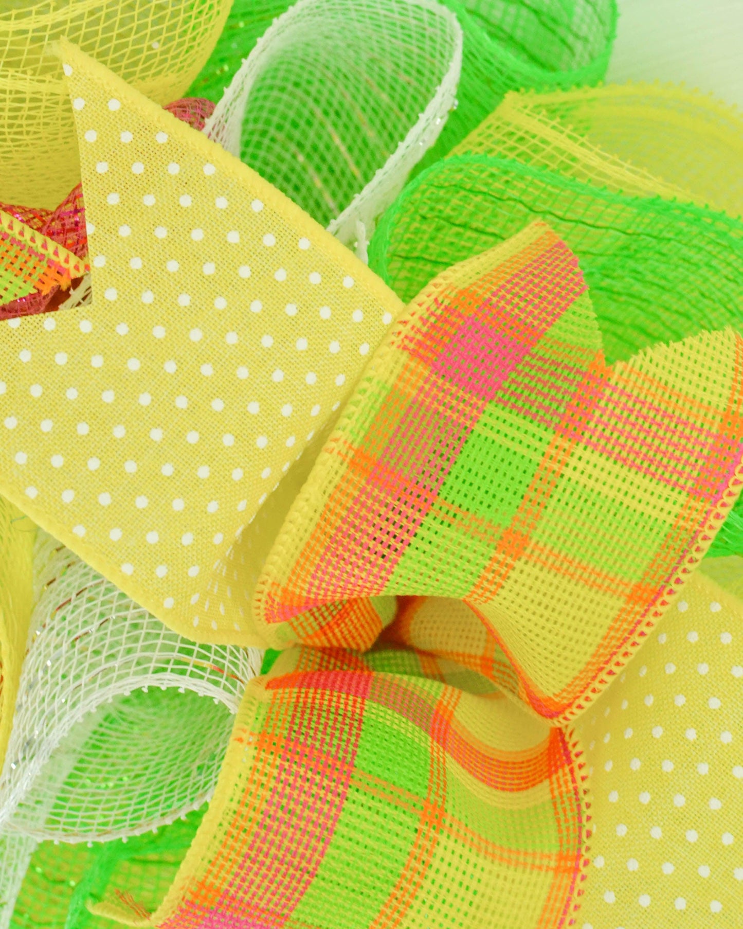 Summer Spring Welcome Mesh Door Wreath; Lime Green Yellow White - Pink Door Wreaths