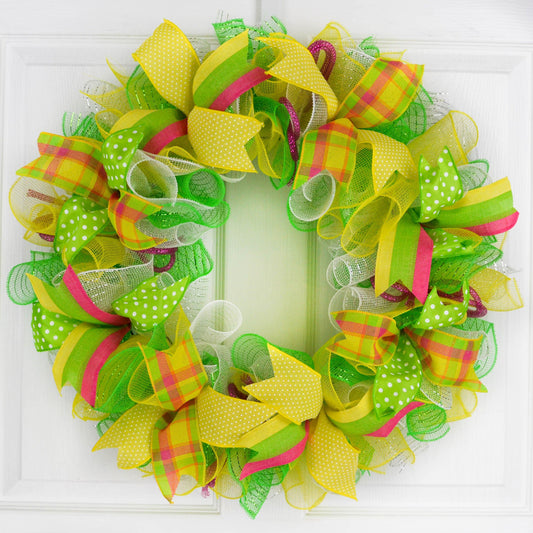 Summer Spring Welcome Mesh Door Wreath; Lime Green Yellow White - Pink Door Wreaths