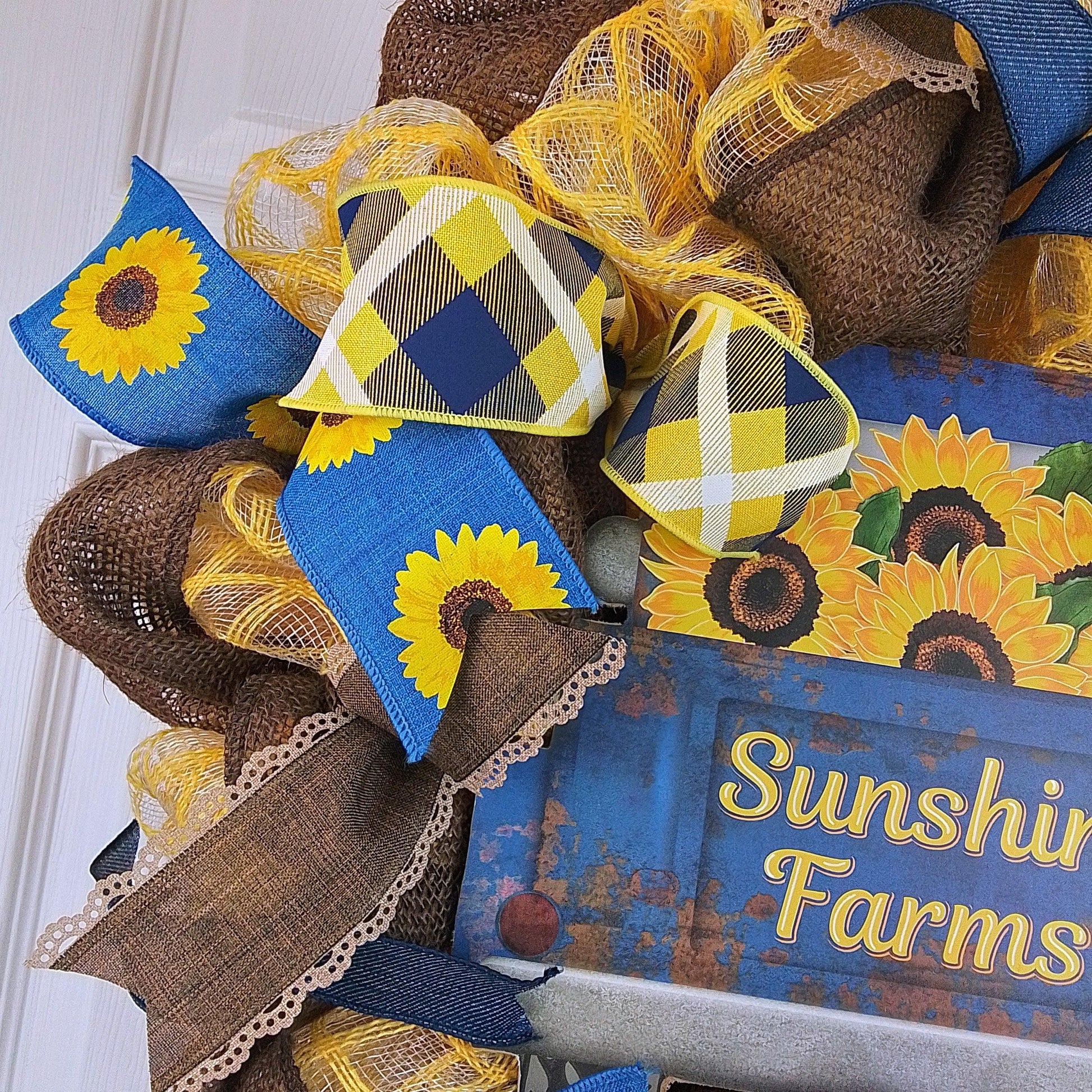 Sunshine Farms Wreath - Sunflower Farm Truck Thanksgiving Front Door Wreath - Brown Navy Burlap Yellow - Pink Door Wreaths